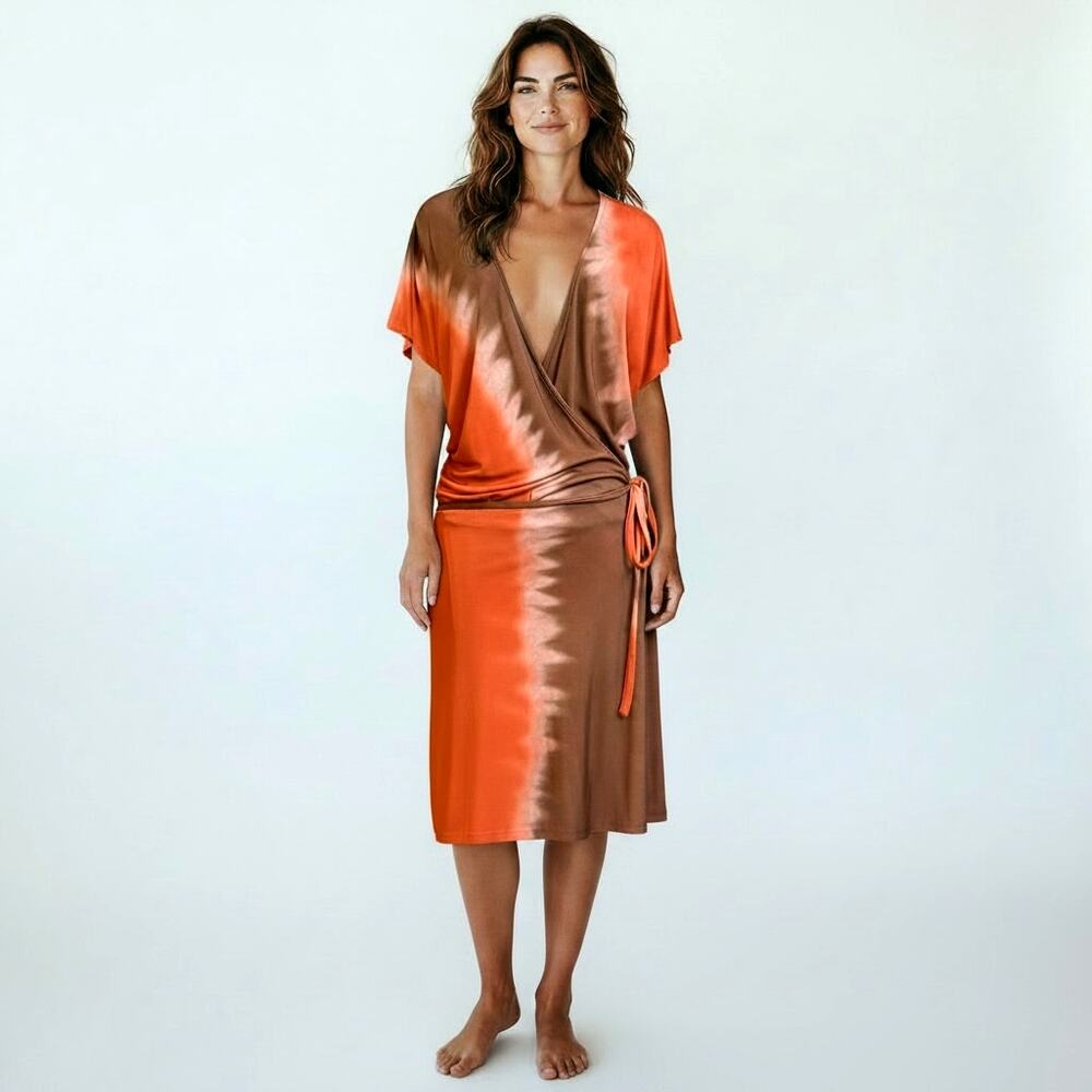 Diane von Furstenberg DVF Orange Brown Ombre Wrap Midi Dress Side Tie Size M